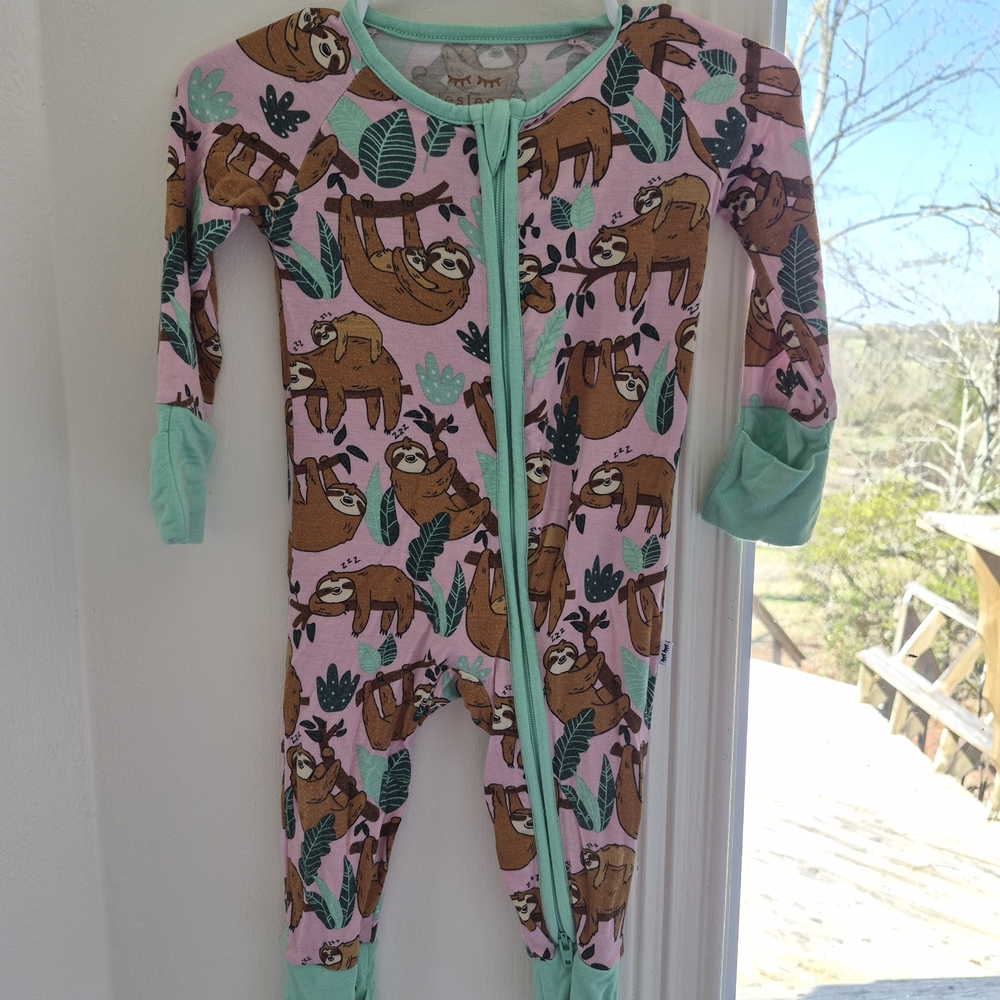 Little Sleepies Pink Sloth Print Footed One-Piece with Mint Trim